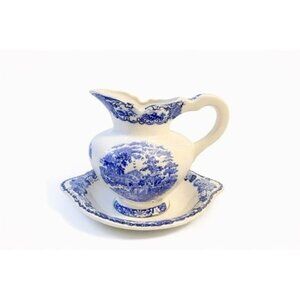 Flow Blue White Pitcher and Bowl Set Antique Wash Basin Transferware Jug Cottage